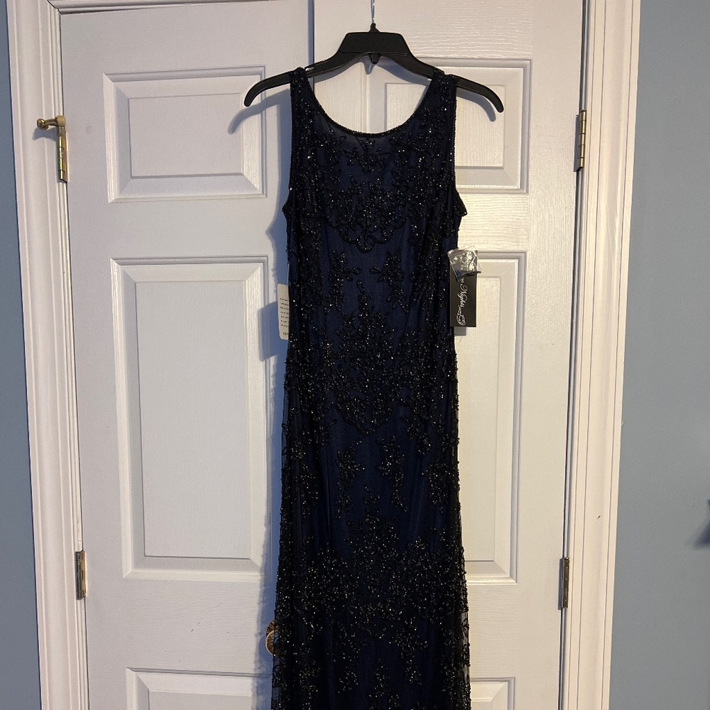 Pisarro Nights  navy blue beaded full-length gown